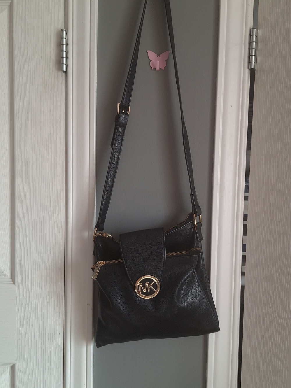 Michael Kors Black Leather Crossbody with Gold MK Emblem
